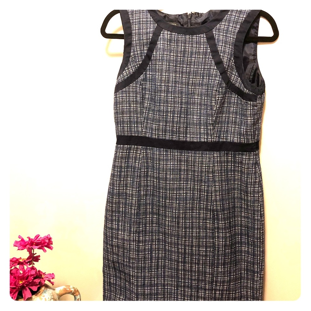 Grey & Navy Plaid Dress W/ Navy Piping Trim